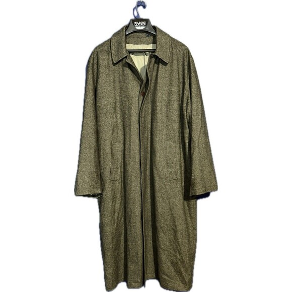 Men’s Wool Long Trench Coat Sz M Herringbone Army Green Buttons Lined No Brand - Picture 1 of 4